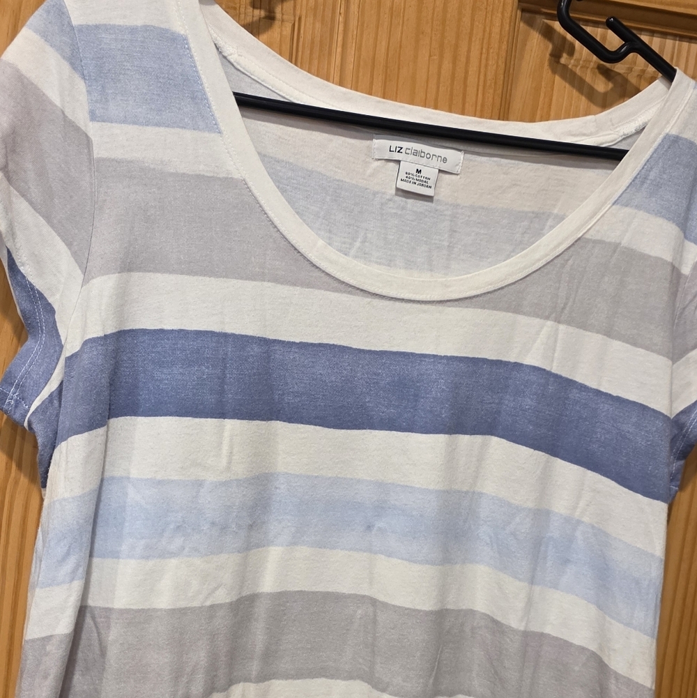 Liz Claiborne White Tee with Blue and Light Gray Stripes